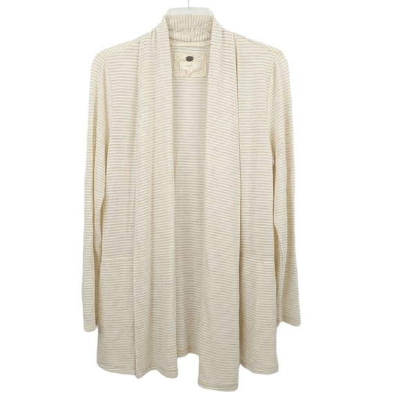 Cupio Open Front Cardigan Sweater Size M Slash Pockets Beige Brown Stripe - Picture 8 of 9